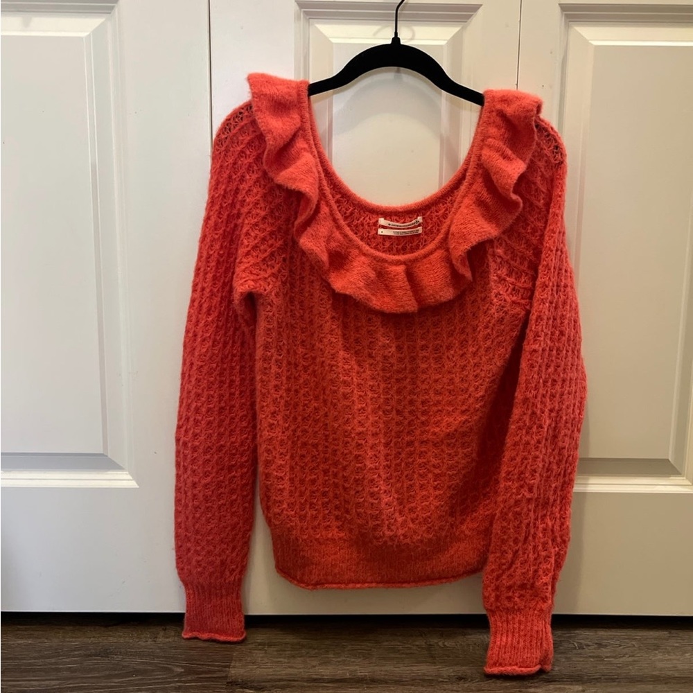 Anthropologie Pink Ruffle Boat Neck Sweater size Small